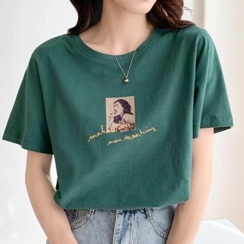 GGRIGHT Green Tees Tshirt Cotton Korean T-shirt White T Shirt Summer Short Sleeve Loose Print Woman Top Women Clothes