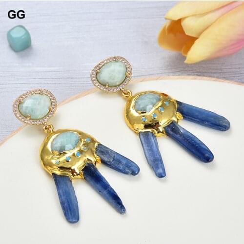 GuaiGuai Jewelry Natural Blue Kyanite Stick Amazonite Gold Color Plated Stud Earrings Vintage For Women
