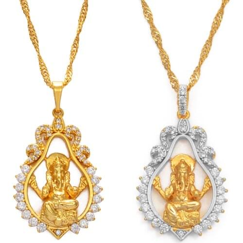 Hinduism Indian Religious Ganesha Pendant Necklaces for Women Girls Gold Color and Cubic zirconia Elephant God Necklaces