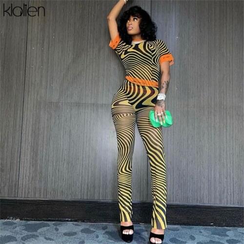 KLALIEN Fashion Casual Print Letter Short Sleeve T Shirt and Trousers Two Piece Set For Women Summer New Slim Stretch Outfit