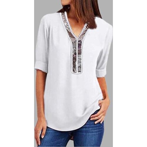 Hirigin Fashion Women Ladies Long Sleeve Loose Blouse Summer V-Neck Casual Shirts Tops Clothing Sequined Casual Soft Clothes