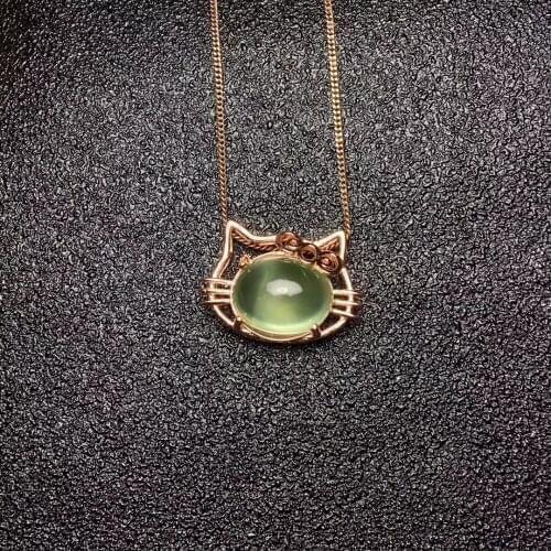 Natural green prehnite gem Pendant natural gemstone pendant necklace 925 sterling silver Fashion Lovely cat girl gift jewelery