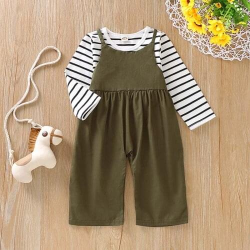 Autumn new childrens clothing suit knitted pure cotton striped long-sleeved top and overalls pants WT97