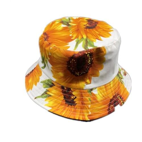Girl Spring Summer Twill Cotton Bucket Hat Sunflower Print Sun Protect Fisherman Hat Women White Cotton Floral Print Bucket Hat