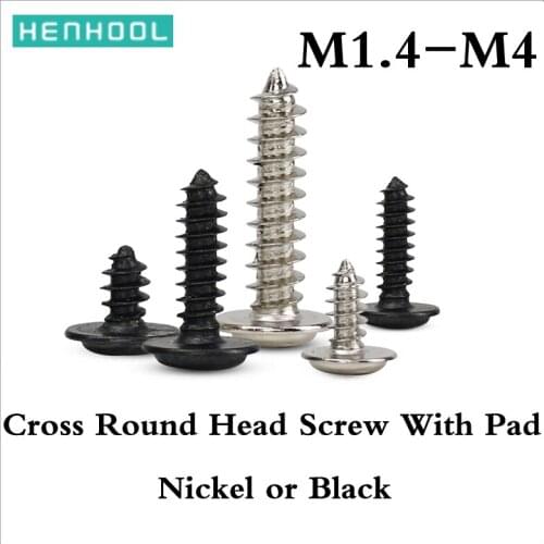 Cross Round Head Self Tapping lengthen Screw With Pad Nickel plated black Pan Head With Washer screw M1.4M1.5M1.7M2M2.6M3M3.5M4