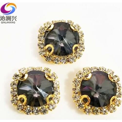Gray Round shape top glass crystal rhinestones with hole,golden bottom sew on stone for Diy Clothing accessories SWWKG03
