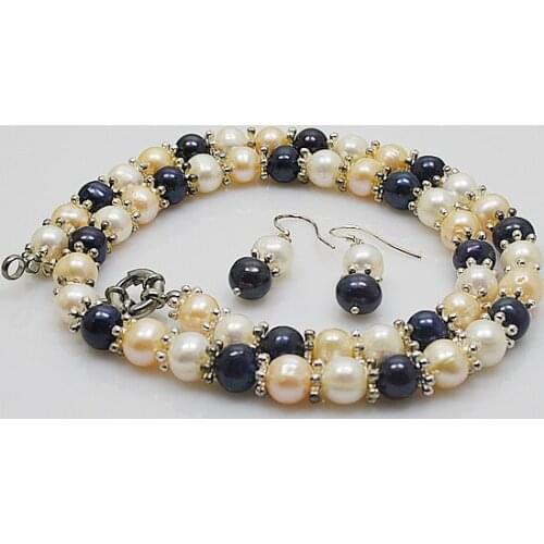 Mixes Genuine Pearl Necklace Earring Tible Silver beads white pink black freshwater pearl jewelry set 925 silver dangle earring