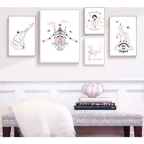 Modern Cute Cartoon Animal Canvas Painting Pink Girl Wall Art Poster Elephant Rabbit Print Minimalist Picture Kids Living Room