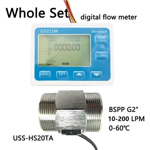 US211M Digital Flow Meter & USS-HS20TA Stainless Steel 304 Inox Hall Flow Sensor Measurement 10-200L/minBSPP G2" Dijiang Saier