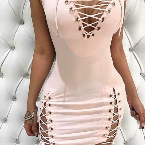 Hollow Out Bandage Strap Drawstring Lace Up Mini Dresses for Women Sexy Side Slit Skinny Solid Club Party Dress Summer Clothing