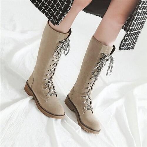 YMECHIC 2018 Winter Womens Cross Tied Mid Calf Lace Up Long Block Low Heel Knight Riding Motorcycle Boots Ladies Shoes Plus Size