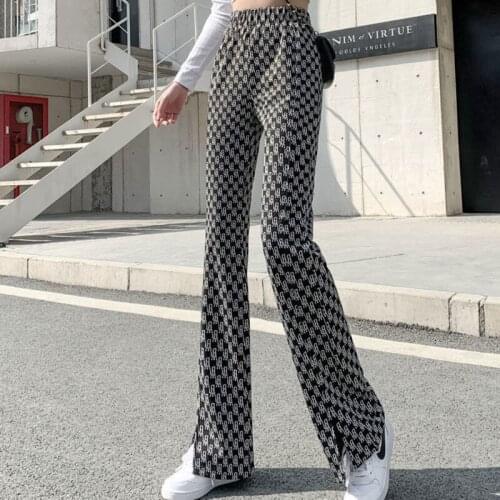 Spring Summer Elastic Casual Pants Womens Front Split Pants New Loose Slim High Waist Micro Flared Pants In Women Ripped