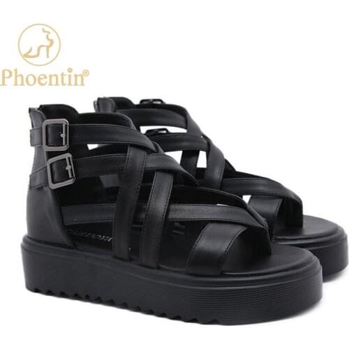Phoentin Womens Rome Platform Flip-Flop Sandals 2021 Summer New Bandage Sandals mid Heel Casual zip Shoes black FT1472