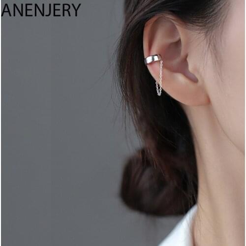 ANENJERY 1 Pair 925 Sterling Silver Non-pierced Chain Clip Earrings Female Asymmetric Simple Unique Earrings Accessories Gift
