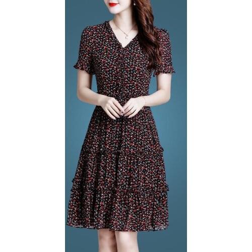 New Summer Retro Style Small Broken Flower Fungus Female V-neck Short Sleeve Japanese Gentle Cocktail Dresses 9050