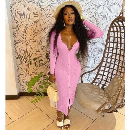 Women Ribbed Midi Dress Solid Full Sleeve O-neck Single Breasted Stretchy Bodycon Dresses Office Lady Robe 2021 Autumn Outfits