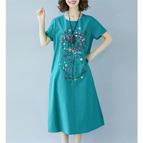 2019 new womens summer dress embroidery cotton linen dress female large size retro loose Medium Knee dress short sleeve m03