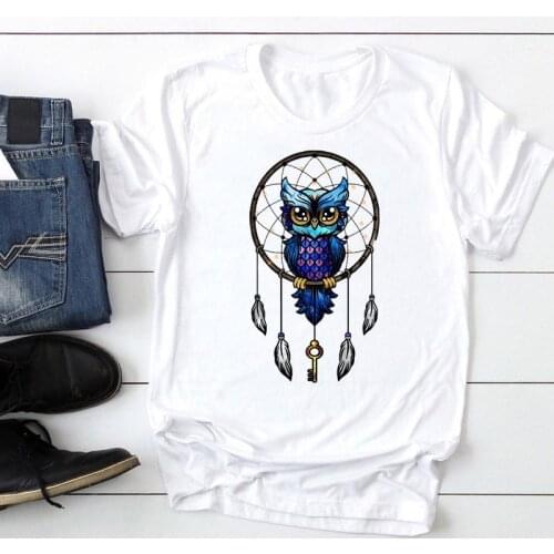2021 Women Feather Feather Owl Vintage Cute Fashion Cartoon Summer Lady Print Tee Stylish T Top Tshirts Clothes T-Shirt