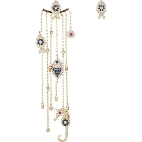 Asymmetric Fish Seahorse Long Tassel Earrings Earrings Long Marine elements Ear Jewelry Seaside Vacation Earrings