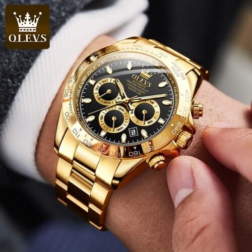 OLEVS Gold Stainelss Steel Men Automatic watch Luxury Mechanical Wristwatch Black Waterproof date Fashion Sports Mens Watches