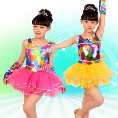 2019 Hot Pink Yellow Child Kids Girl Cheap Ballroom Tango Salsa Samba Rumba Dance Costumes Rainbow Latin Dance Dresses