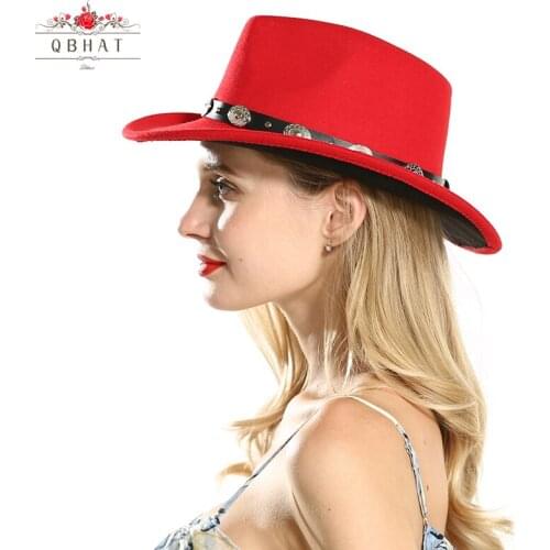 QBHAT Men Women Roll Brim Red Black Patchwork Western Cowboy Woolen Hat Felt Trilby Jazz Fedora Hats Plain Panama Party Cap