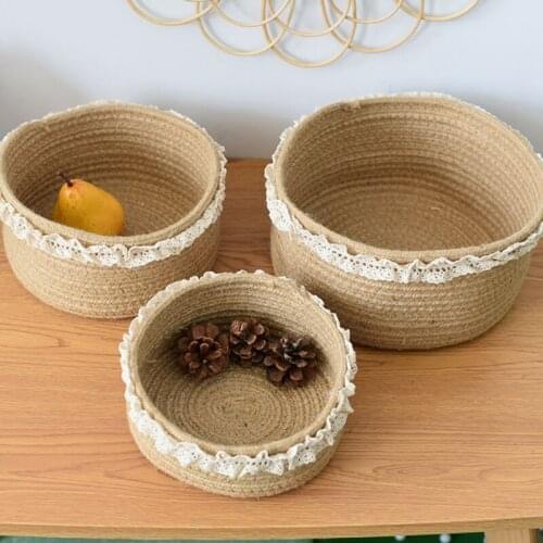 Cotton And Flax Rope Basket Storage Basket Lace Round Snack Basket With Handle