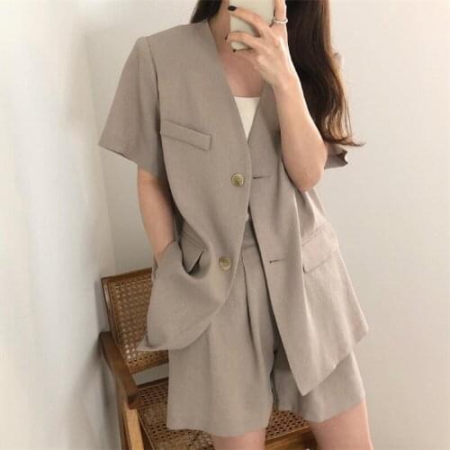 Women Shorts Suit Set 2021 Summer Casual Female Outfit Two Pieces Sets Solid V-Neck Blazer High Waist Shorts Korean Clothing