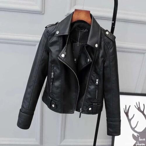 Faux PU Leather Jacket Autumn Women Punk Turn-down Collar Slim Zipper Motorcycle Short Outwear Motor Biker Jacket Casual Coat