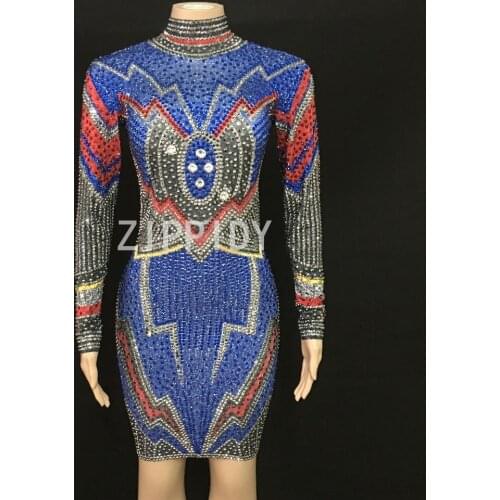 Fashion Flashing Rhinestones Spandex Dress Birthday Party Celebrate Multicolor Stone Outfit Women Singer Nightclub Outfit