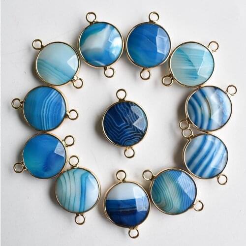 Fashion natural blue stripe onyx Pendant charms gold rim connector Quartz Bracelet Necklace Jewelry 12pcs/lot Wholesale