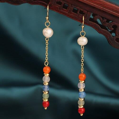 Fashion Fresh water pearl Vintage earrings multi colors nature stones earrings Ethnic Jewelry for women