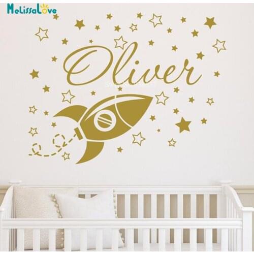 Custom Name Sticker Space Rocket Stars Baby Boy Room Personalized Decal Kids Nursery Decor Removable Vinyl Wall Stickers BA465