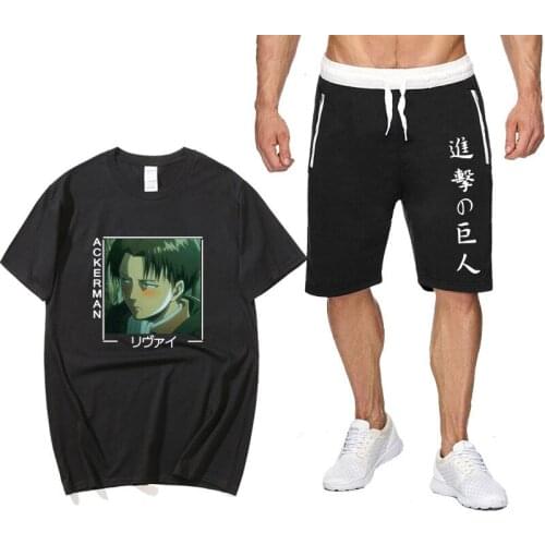 Attack on Titan New Mens Tracksuit Summer Clothes Sportswear Two Piece Set Japanese Anime Mens Sportswear Short Sleeve T Sh