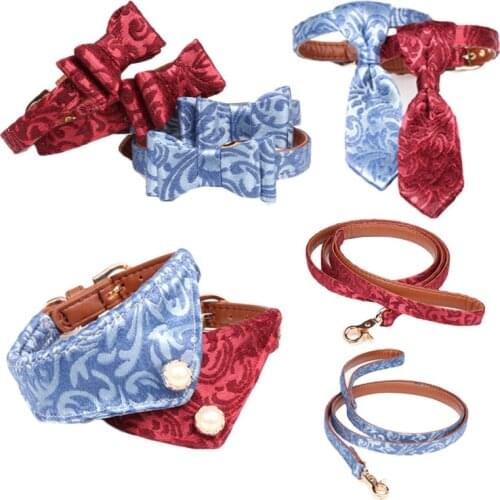 Print Dog Collar Leash Bandana Bowknot Pet Cat collier chien Bow tie Red Blue for Small Midlle Perro Teddy Chihuahua Pug