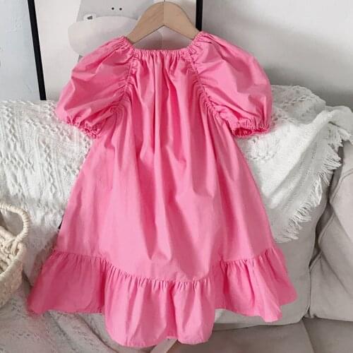 2-6Y Childrens Dress Summer Loose Sweet Princess Dress 2021 New Solid Color Puff Sleeve Kid Clothes Girl Dress