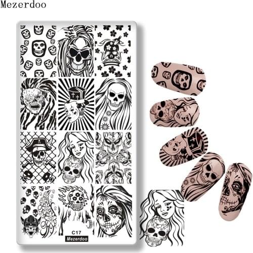 Mezerdoo Halloween Rectangle Nail Stamping Template DIY Cross Bloody Skull Design Nail Art Image Plate Tools C17
