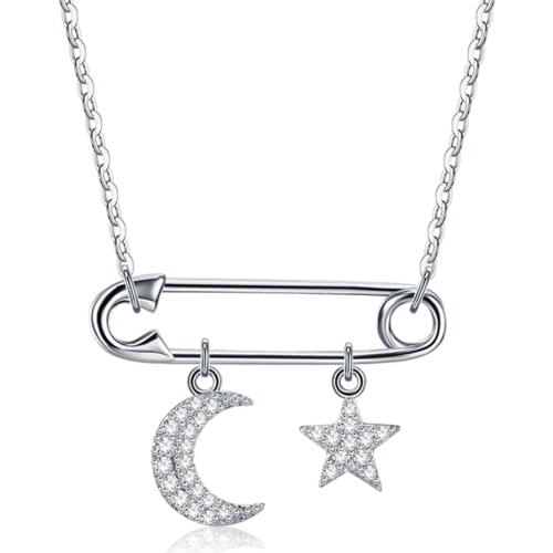 SILVERHOO Unique Paper Clip Three Pendants 925 Sterling Silver With Cubic Zircon Moon Star Women Necklace Special Fine Jewelry