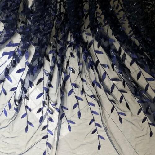 Navy Black Red Gold sequin tree leaves embroidered clothing dress net yarn cloth fabric