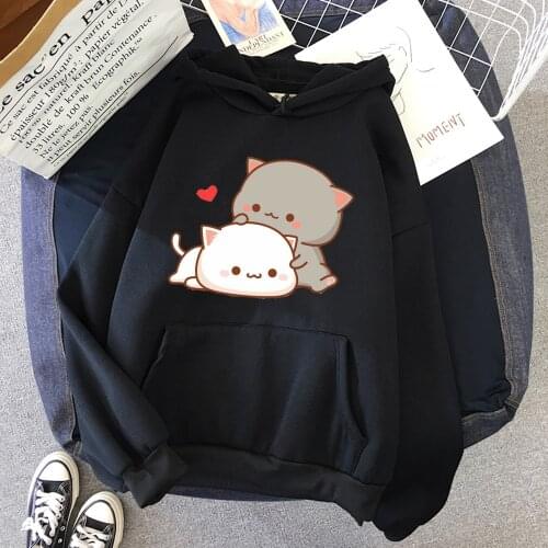 Korean Womens Cartoon Autumn Winter Womens Hoodie Cute Casual Sweatshirt Cat Print Fashion Style Top Loose Pullover Hoody