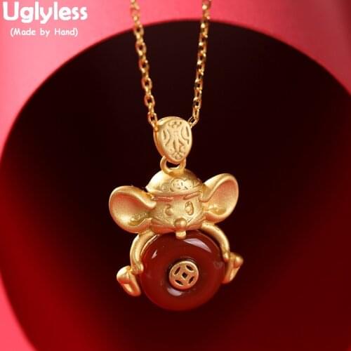 Uglyless Best Gifts Jewelry in Year of Rats Pendants Necklaces for Women Agate Buttons Necklaces + Chains Gold Mouse 925 Silver