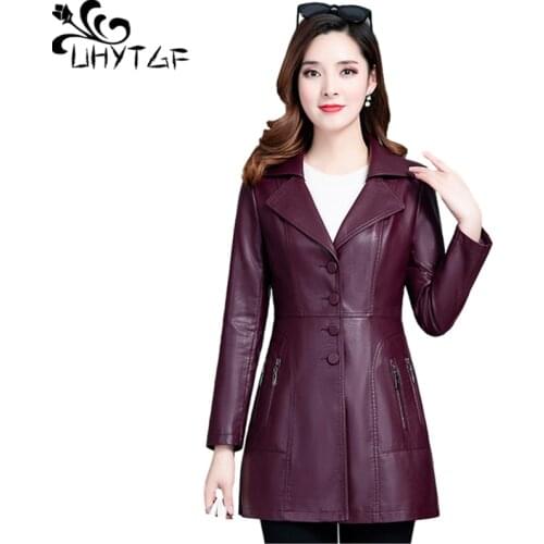 UHYTGF Quality PU Autumn Winter Leather Jacket Single Breasted Elegant Women Fur Clothing Loose Plus Size Windbreaker Coats 1864
