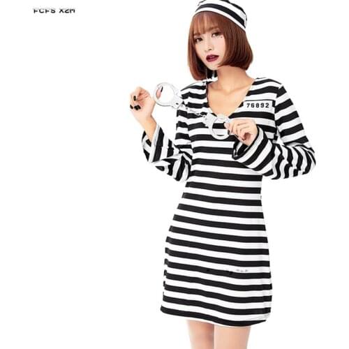 Black and white stripes Female prisoner Cosplay Women Halloween Prison suit Costumes Carnival Purim parade Role play party dress