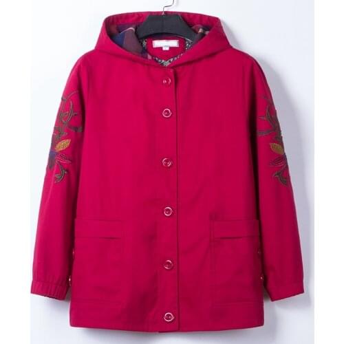 Spring Autumn Middle-aged Female Windbreaker New Embroidery Single-breasted Hooded Outerwear Plus Size Women Cotton Trench Coat