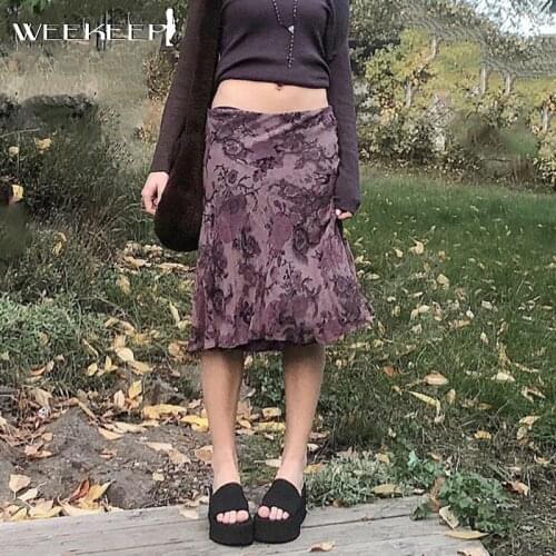 Weekeep Vintage Floral Print A-Line Skirts Women Low Waist Loose Midi Skirt Summer Harajuku Outfits 90s Aesthetic Gothic Fashion