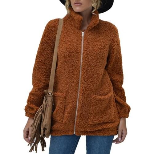 Zipper Closure Fleece Jacket Women Two Pockets Autumn Winter Stand Collar Long Sleeve Warm Jacket Outerwear Women куртка женская