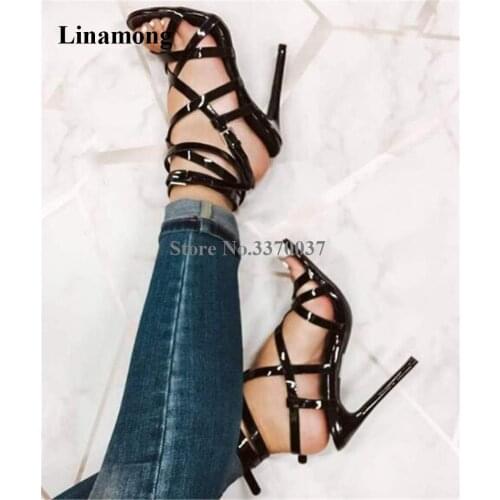 Women Summer Fashion Open Toe Patent Leather Stiletto Heel Gladiator Sandals Ankle Straps Buckles High Heel Sandals Dress Heels