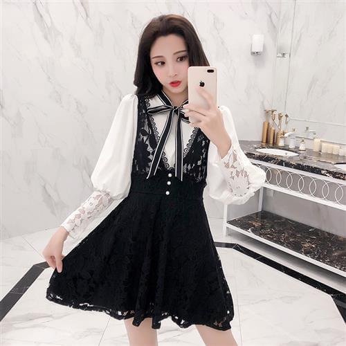 Lace Strap Dress Suit Female 2021 Fall New Bow Lapel Puff Long Lace Sleeve Shirt+ Sling Slim A-line Dress 2 Piece Student Sets