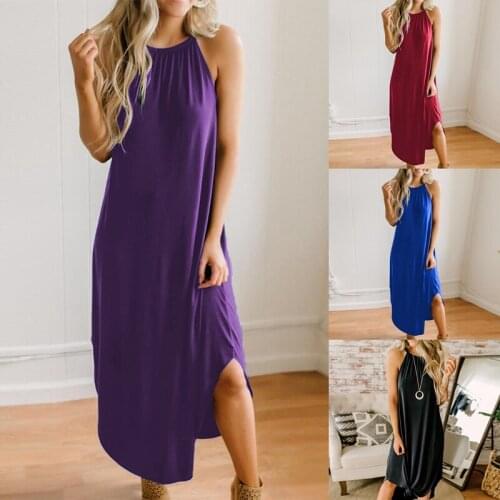 WomenS Fashion Sexy Solid Color Round Neck Sling Split Long Dress