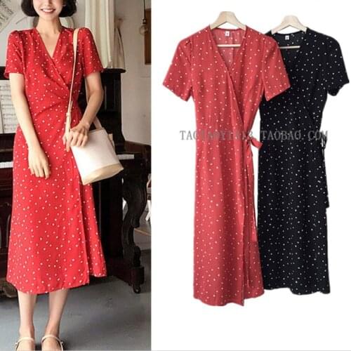 French Cross V neck Floral Print Lace up Dress Retro 2020 Women Short sleeve Front Slit Mid-calf Slim Fit Summer Dresses